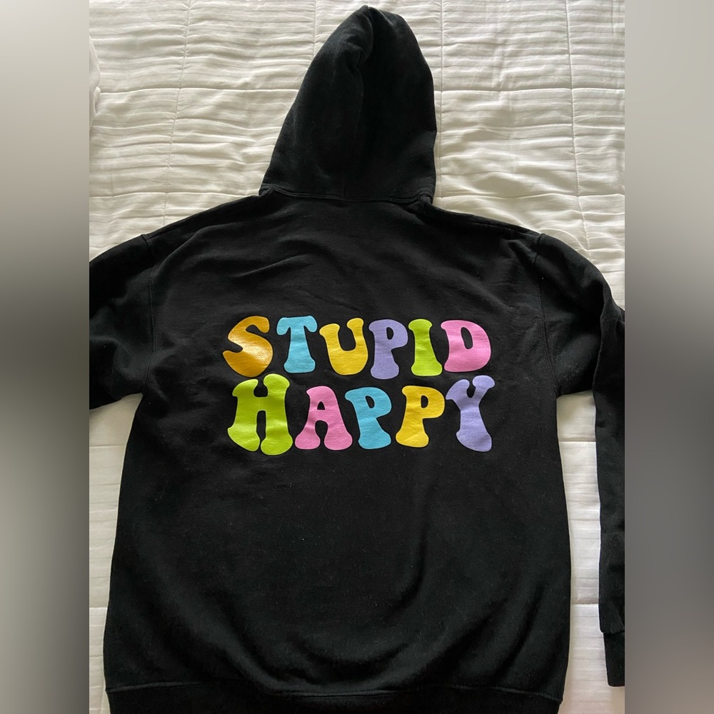 Hangover Hoodie size large black “stupid happy”